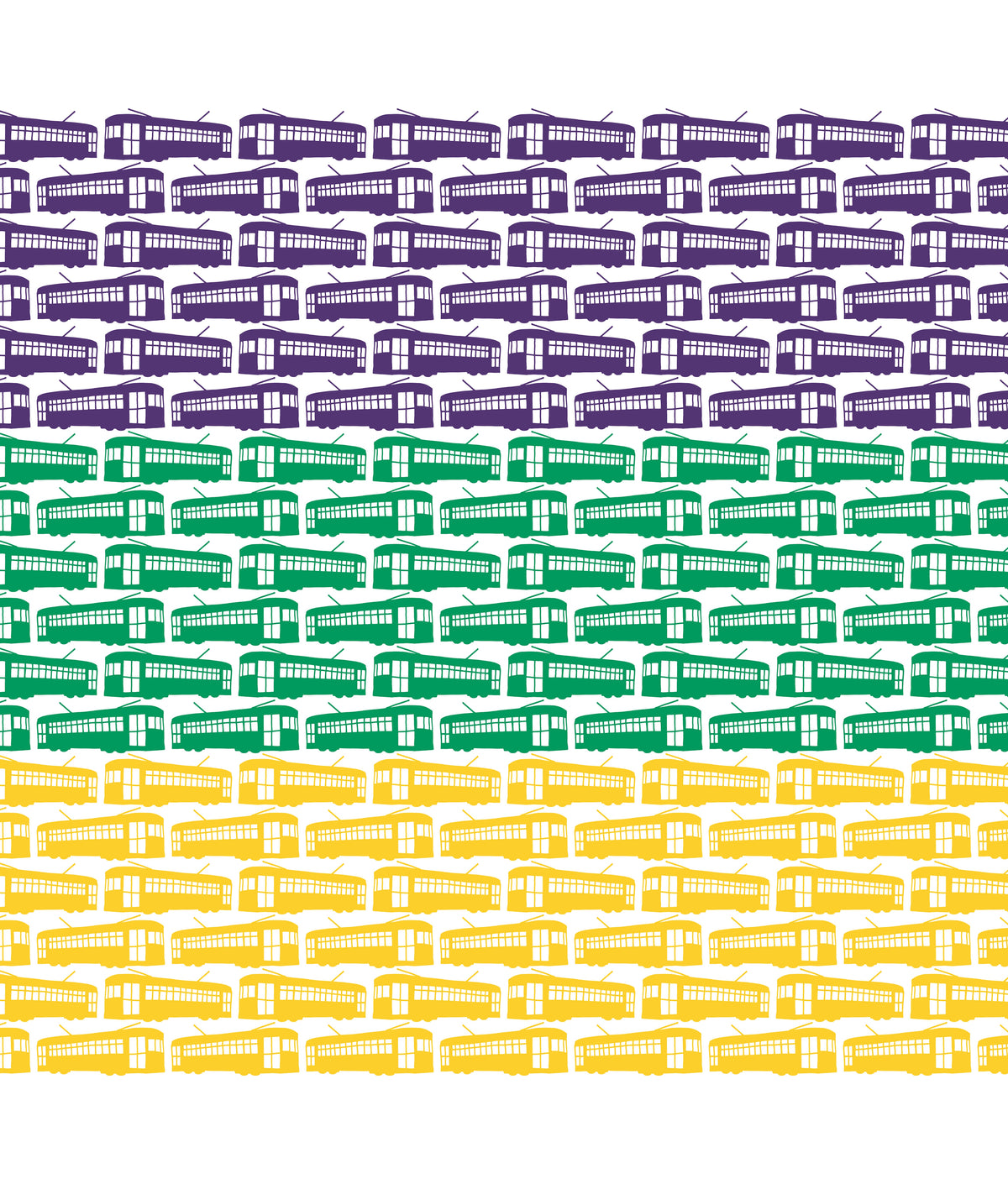 Mardi Gras themed pattern featuring purple, green, and gold New Orleans streetcars on a white fabric.