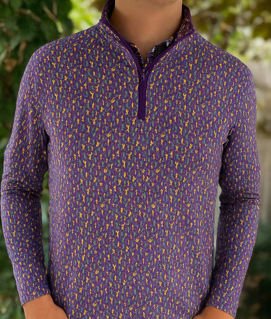 Introducing our Mardi Gras Carnival Q-Zip, a pinnacle of style and functionality. Immerse yourself in the Second Line theme featuring unique design elements inspired by the rich culture and energy of the city, you'll stand out in the office our on the parade route. 