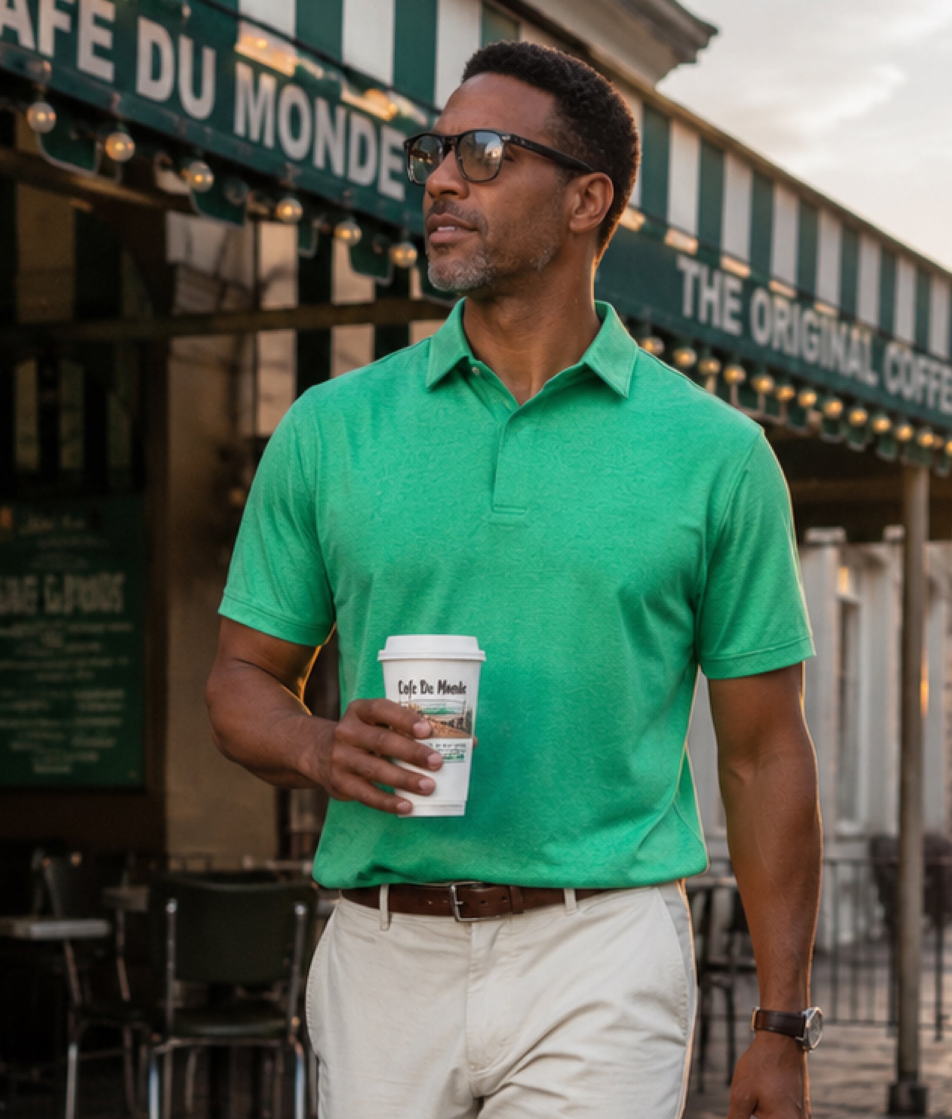 Man in a green shirt holding a coffee cup in front of Cafe du Monde.