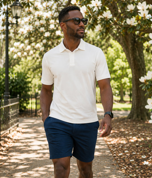 Man walking outdoors in a park wearing a white polo shirt and navy shorts.
