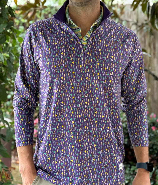 Introducing our Mardi Gras Carnival Q-Zip, a pinnacle of style and functionality. Immerse yourself in the Second Line theme featuring unique design elements inspired by the rich culture and energy of the city, you'll stand out in the office our on the parade route. 