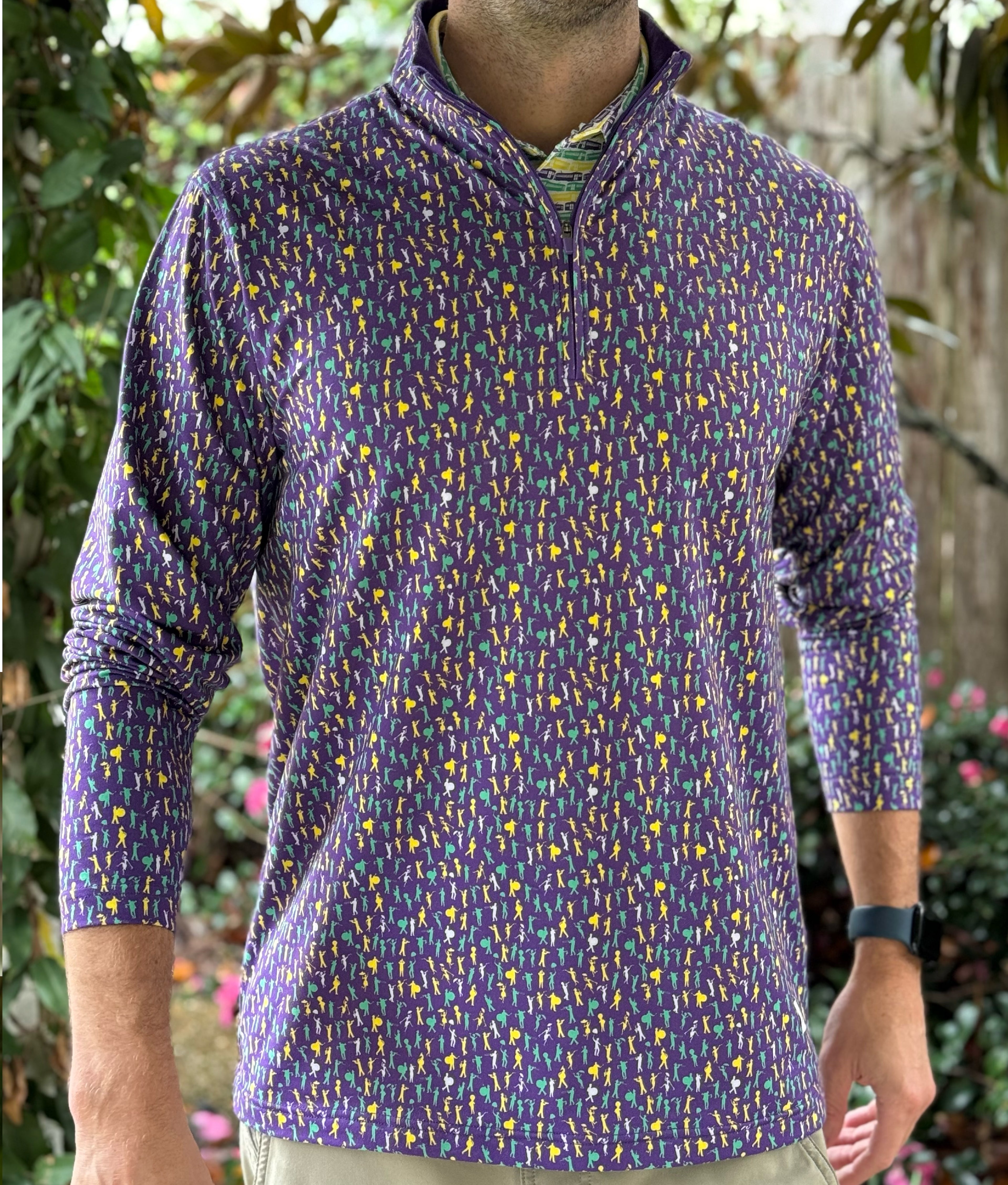 Introducing our Mardi Gras Carnival Q-Zip, a pinnacle of style and functionality. Immerse yourself in the Second Line theme featuring unique design elements inspired by the rich culture and energy of the city, you'll stand out in the office our on the parade route. 