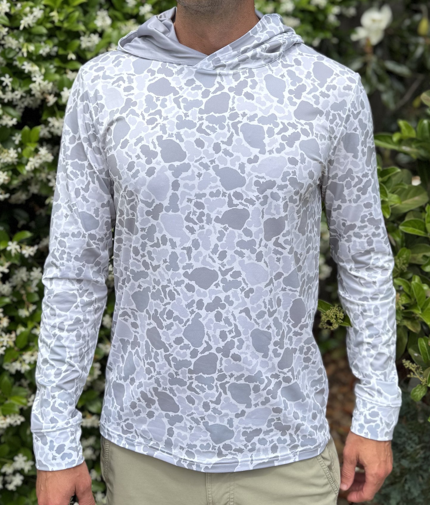 Alon's Drift Hoodie for men featuring our signature Lakes camouflage in color Gray.