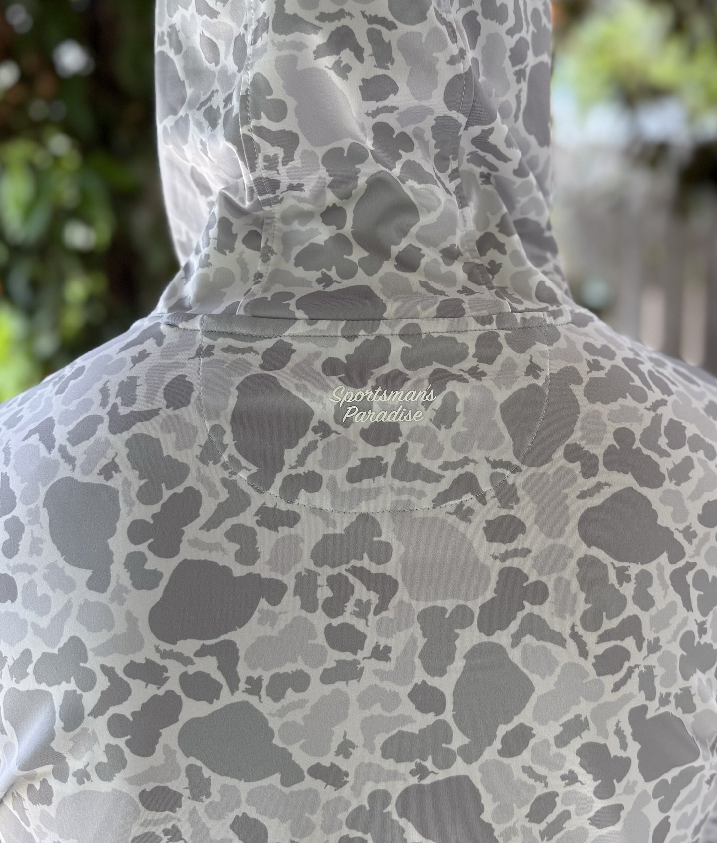 Alon's Drift Hoodie for men featuring our signature Lakes camouflage in color Gray and showcasing our hidden "Sportsman's Paradise" graphic.