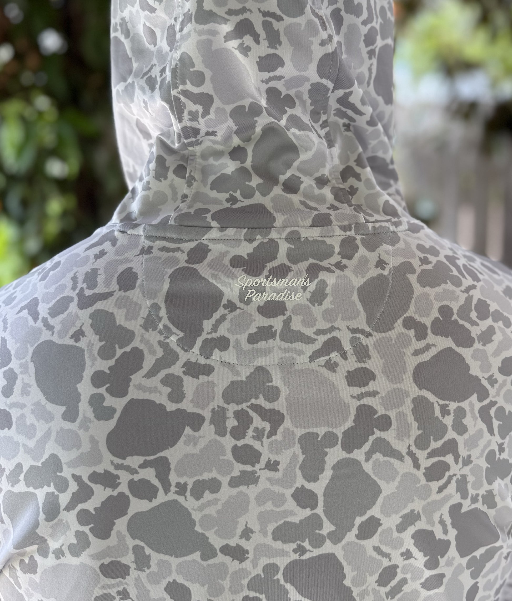 Alon's Drift Hoodie for men featuring our signature Lakes camouflage in color Gray and showcasing our hidden "Sportsman's Paradise" graphic.