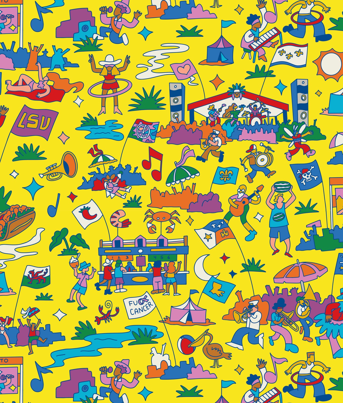 The scene at the Fairgrounds during Jazz Fest was our source of inspiration for this pattern, and the design courtesy of regional artist Burton Durand. It’s a vibrant celebration filled with live music, incredible food, and a diverse crowd. Multiple stages host a variety of artists, from jazz and blues to rock, gospel, and more. The air is filled with the sounds of brass bands, the aroma of iconic New Orleans dishes like crawfish monica, beignets and po’boys, and the sights of colorful art and crafts. Festi