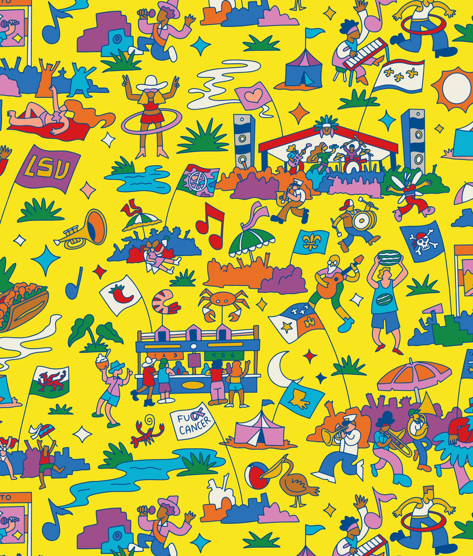 The scene at the Fairgrounds during Jazz Fest was our source of inspiration for this pattern, and the design courtesy of regional artist Burton Durand. It’s a vibrant celebration filled with live music, incredible food, and a diverse crowd. Multiple stages host a variety of artists, from jazz and blues to rock, gospel, and more. The air is filled with the sounds of brass bands, the aroma of iconic New Orleans dishes like crawfish monica, beignets and po’boys, and the sights of colorful art and crafts. Festi