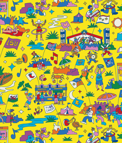 The scene at the Fairgrounds during Jazz Fest was our source of inspiration for this pattern, and the design courtesy of regional artist Burton Durand. It’s a vibrant celebration filled with live music, incredible food, and a diverse crowd. Multiple stages host a variety of artists, from jazz and blues to rock, gospel, and more. The air is filled with the sounds of brass bands, the aroma of iconic New Orleans dishes like crawfish monica, beignets and po’boys, and the sights of colorful art and crafts. Festi