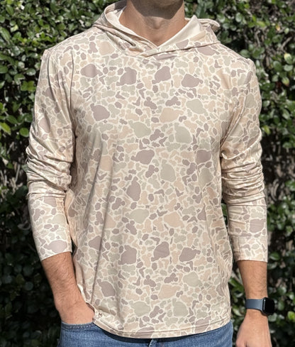 Alon's Drift Hoodie for men featuring our signature Lakes camouflage in color Sand.