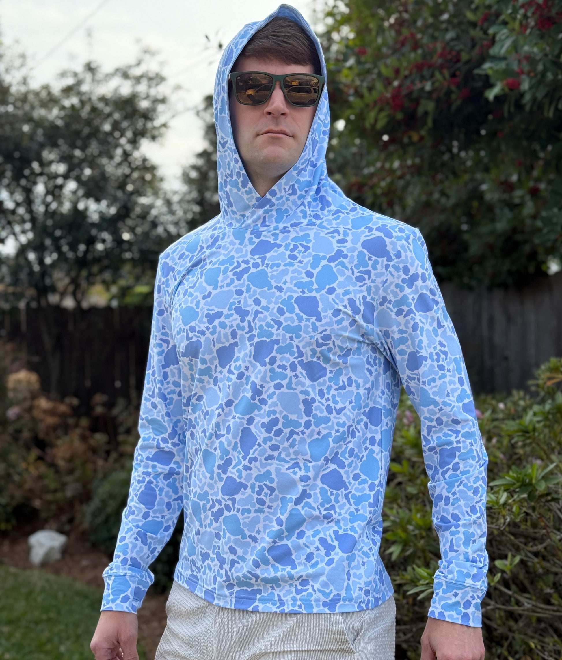 Alon's Drift Hoodie for men featuring our signature Lakes camouflage in color Blue.