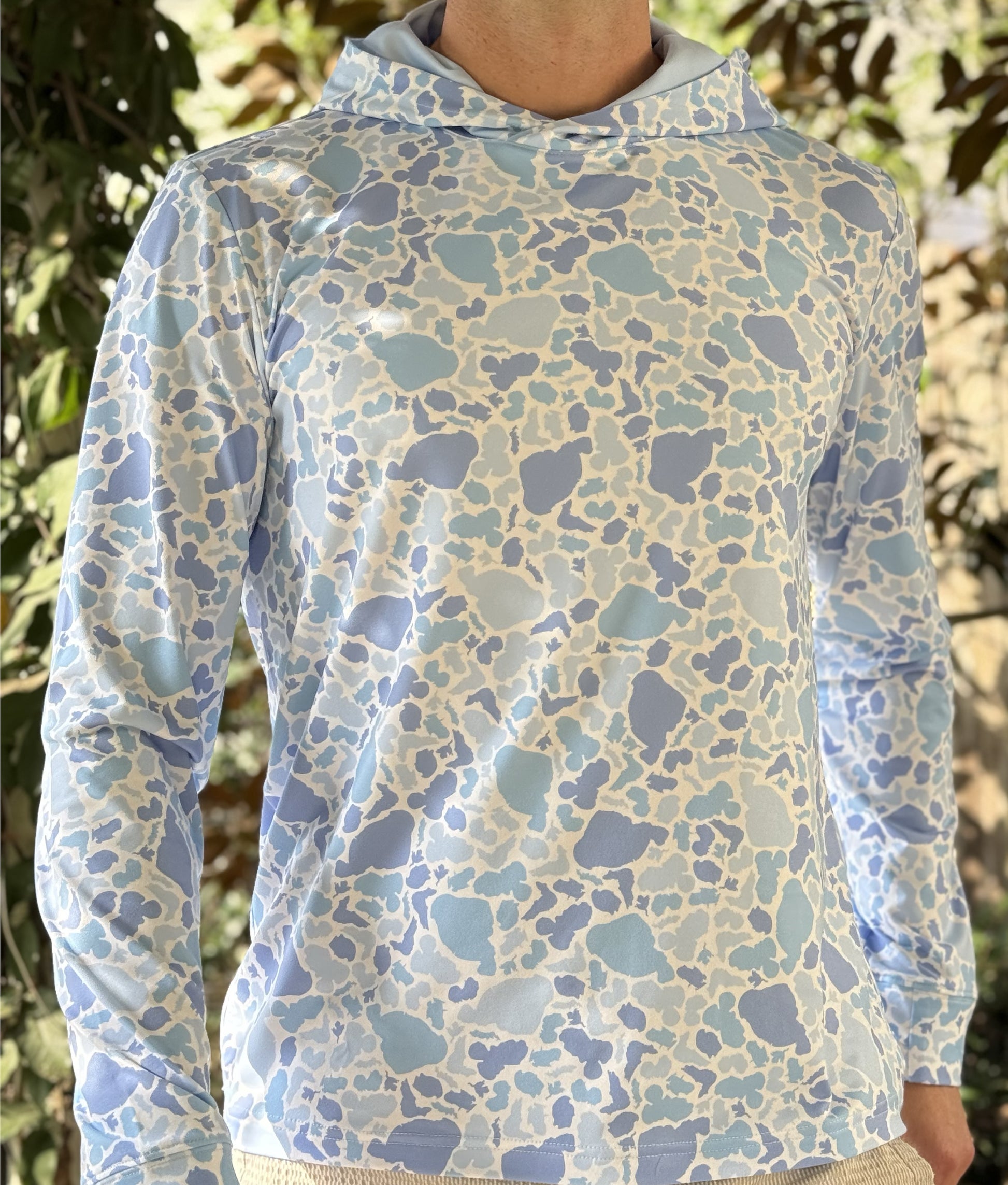 Alon's Drift Hoodie for men featuring our signature Lakes camouflage in color Blue.