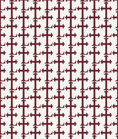 Crimson colored Lasallian cross patterned polo over white fabric.