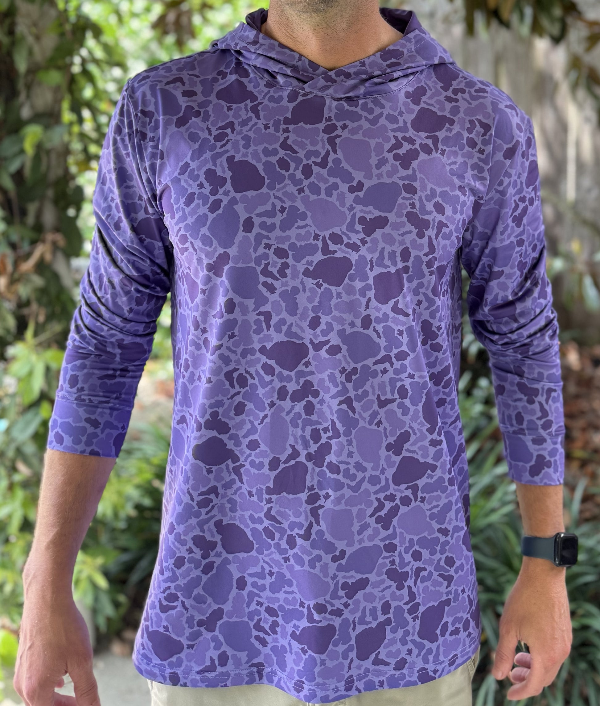 Alon's Drift Hoodie for men featuring our signature Lakes camouflage in color Purple.