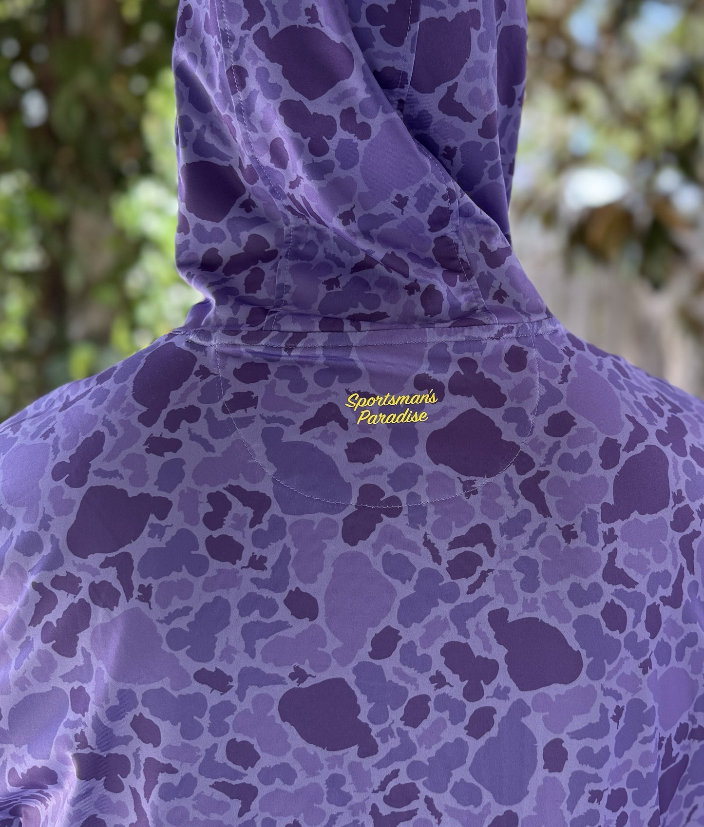 Alon's Drift Hoodie for men featuring our signature Lakes camouflage in color Purple and showcasing our hidden "Sportsman's Paradise" graphic.