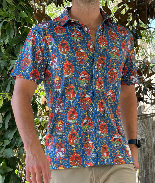 Experience both performance and style in the remarkably comfortable Stained Glass Performance Button Down. Crafted for active lifestyles, this shirt boasts breathable fabric equipped with moisture-wicking properties and advanced four-way stretch technology, ensuring you stay cool and agile. Its reinforced collar maintains its shape, complemented by wrinkle-free materials and UPF sun protection, making it ideal for crawfish boils, festivals, and other outdoor activities.