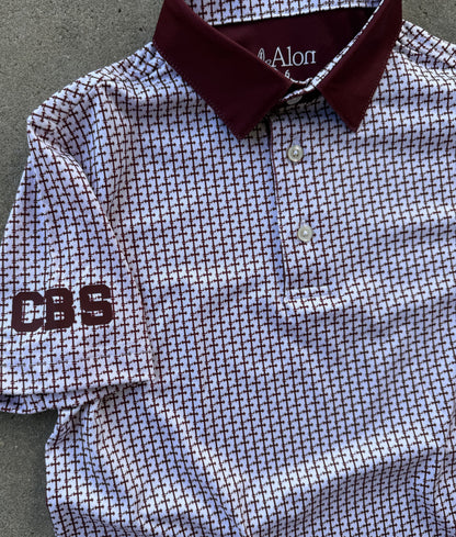 Crimson colored Lasallian cross patterned polo over white fabric with CBS heat transfer detail.